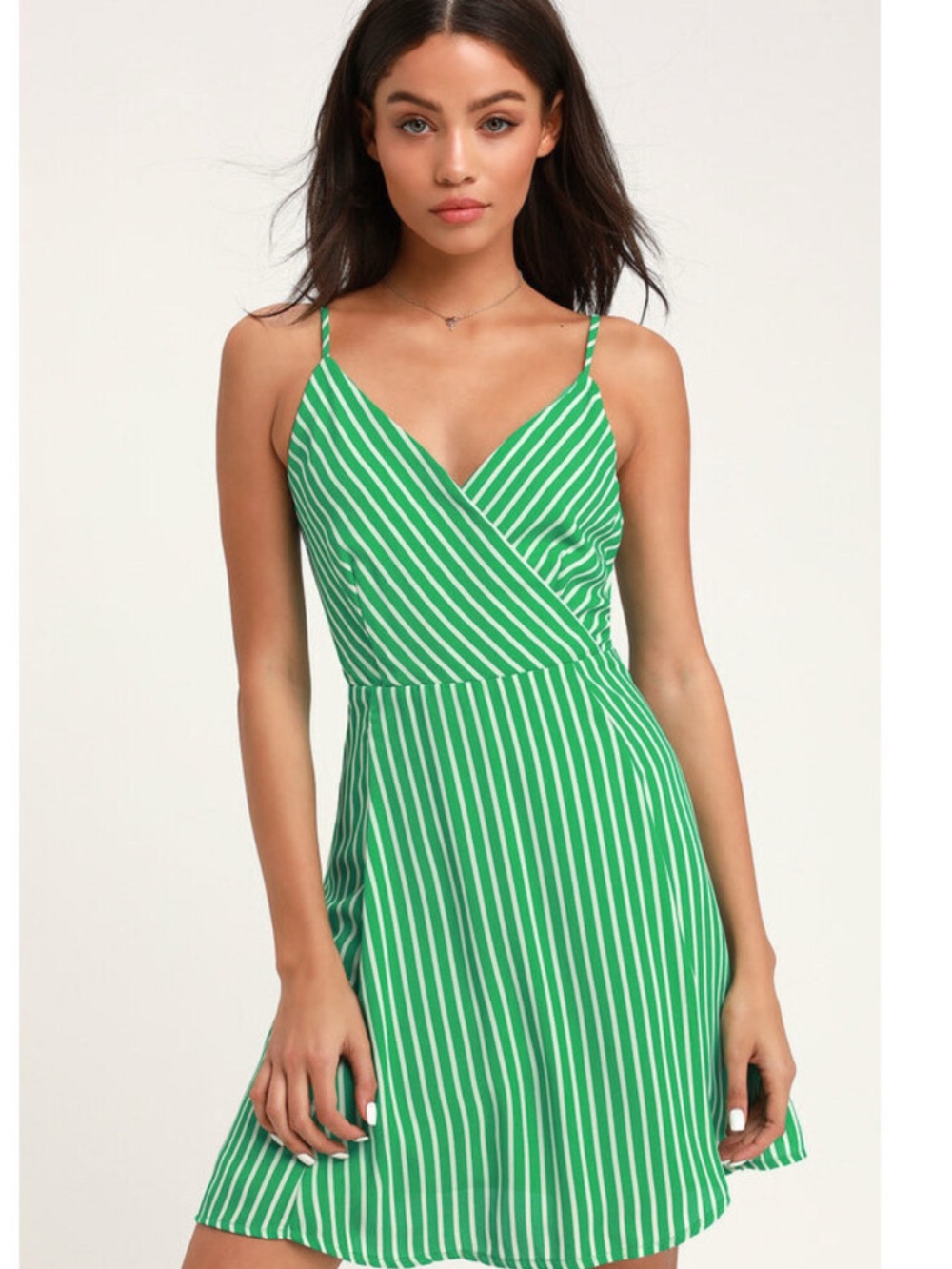 Lulus Jayla green white striped tie back mini skater dress